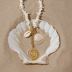 Detailed view of titanium steel shell necklace with starfish beads on sand