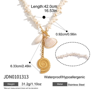 Detailed size guide for seashell and starfish charm necklace in stainless steel