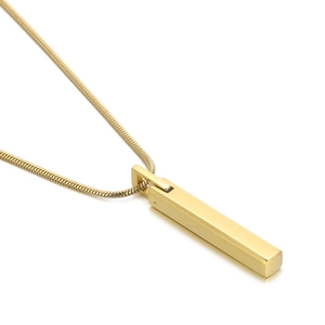 Minimalist gold square bar pendant necklace with a sleek and polished metal snake chain