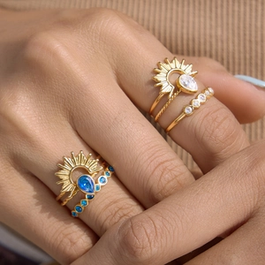 18k gold plated titanium steel stackable rings with sunburst design and natural stones