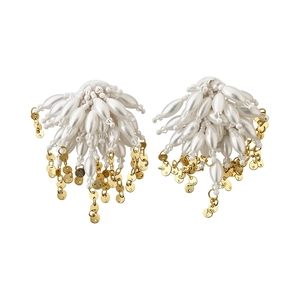 Elegant white pearl tassel stud earrings with gold sequin fringe for a luxurious look