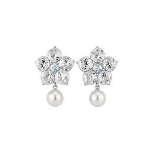 Elegant silver flower stud earrings with clear crystals and dangling white pearls