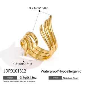 Detailed view of the gold geometric linear ring with dimensions and material specs.