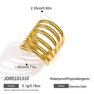 Detailed specification view of a multi-layer gold stainless steel ring for women.
