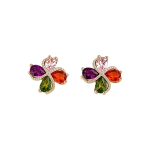 Elegante vierblättrige Blumen-Ohrstecker mit bunten Zirkonia in goldener Fassung