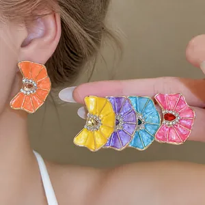 Pendientes de Botón de Flor Plisada de Estilo Hawaiano Con Poste de Plata Colorido Esmalte de Goteo de Aceite Strass Joyería para Mujer Regalo Diario