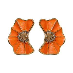 Elegant orange enamel flower stud earrings featuring a sparkling rhinestone center cluster