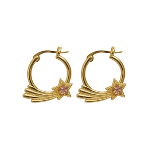 Elegante goldene Creolen im französischen Stil mit Sternschnuppe und rosa Zirkon