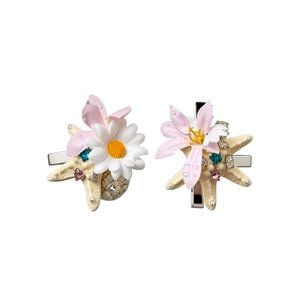 Exquisite French style fabric flower and starfish hair clips decorated with pearls and gems