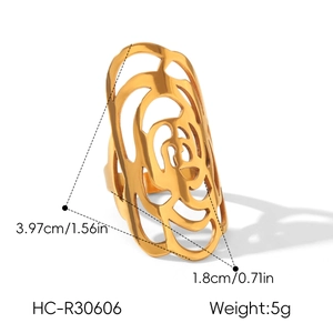 Detailed view of a gold hollow-out floral stainless steel ring showing exact dimensions