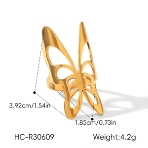 Close-up detail of a gold stainless steel butterfly ring with precise measurements.