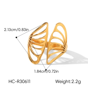 Detailed view of gold stainless steel hollow wing ring with size and weight measurements