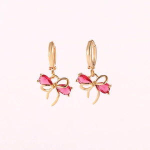Gold-plated hoop earrings featuring a red zircon bow pendant for a romantic style