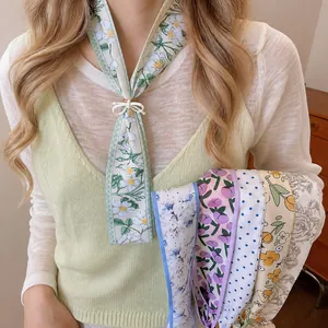 French Style Tulip Floral Silk Scarf Necklace For Women Sweet Vintage Elegant Polyester Alloy Scarf Pendant Jewelry