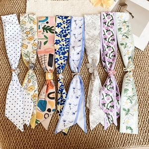 Assorted French style floral print skinny silk scarf necklaces with decorative metal slides
