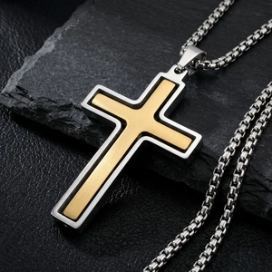 Collier pendentif croix rotative bicolore en acier inoxydable pour hommes avec chaîne