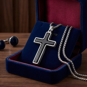 Gros plan d'un pendentif croix en acier inoxydable bicolore dans un élégant écrin bleu velours