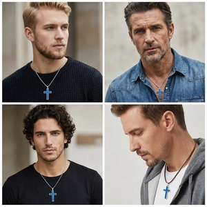 Présentation détaillée du collier croix rotatif bicolore en acier inoxydable pour hommes