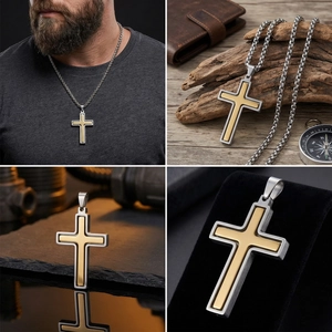 Détail du pendentif croix rotative bicolore en acier inoxydable avec finition brossée.