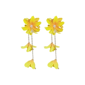 Elegant yellow fabric flower drop earrings with long tassels and pearl accents for summer