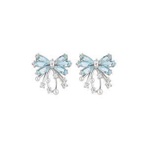 Elegant silver-colored bow-knot stud earrings with light blue marquise cubic zirconia.