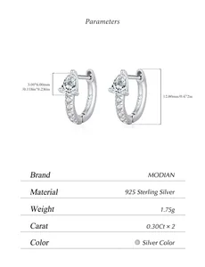 Detailed size and specs for 925 silver pear cut moissanite hoop earrings with dimensions.