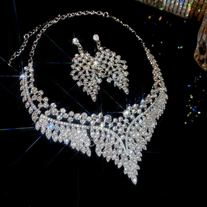 Close-up of sparkling rhinestone necklace and earrings set for bridal or evening party.