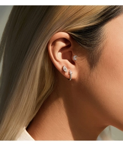 Detailed view of S925 sterling silver moissanite water-drop hoop earrings on ear lobe