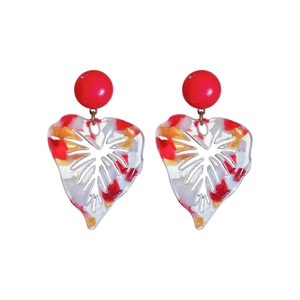 Stylish resin leaf-shaped drop earrings featuring a vibrant red and yellow marbled finish