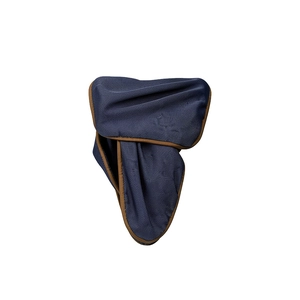 Elegant navy blue fabric hair accessory with premium brown stitched border detail