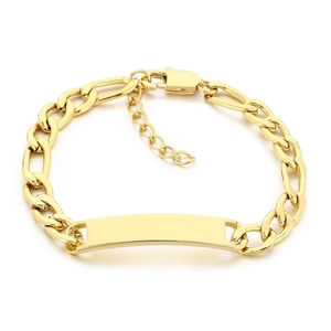 Minimalist gold stainless steel Figaro chain bracelet with engravable curved ID plate