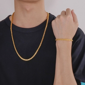 Men's stainless steel jewelry set featuring a 5mm gold bamboo link chain necklace and bracelet.