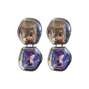 Vintage silver stud earrings with square amber and purple crystal gemstones