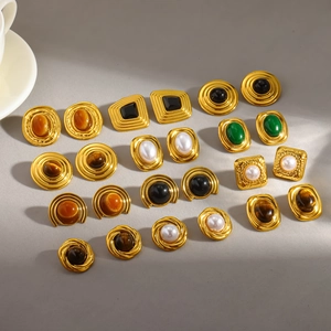 French vintage style 18k gold plated stainless steel stud earrings with natural stones