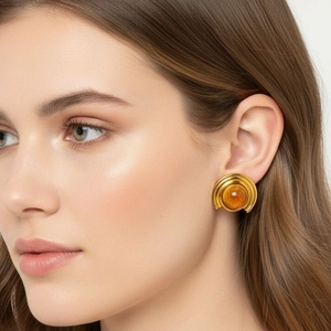 Elegant French vintage amber stone stud earrings in 18k gold plated stainless steel