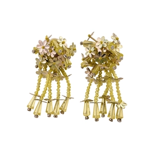 Elegant Korean style yellow flower earrings with glass bead tassels on white background