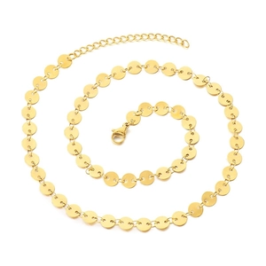 Elegant gold stainless steel flat disc chain necklace and anklet jewelry set