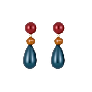 Multicolor resin teardrop drop earrings with red, orange and teal beads