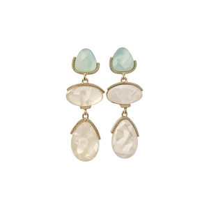 Elegant resin drop earrings with pale green and milky white tiers on white background