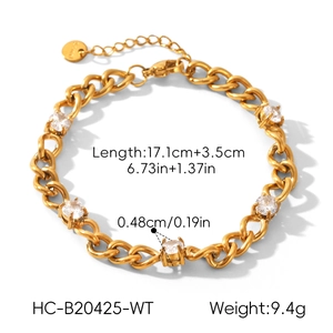 Detailed view of a gold stainless steel zircon bracelet with length and weight specs