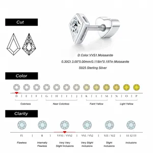 Puce d'oreille en moissanite taille cerf-volant couleur D VVS1 argent S925
