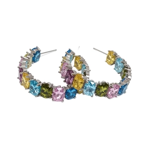 Silver needle C-shaped hoop earrings with colorful oval-cut zircon gemstones jewelry