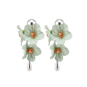Elegant mint green fabric flower stud earrings with pearl accents and teardrop tassels