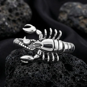 Macro shot of silver scorpion ring detailing claws and sting on dark volcanic stone