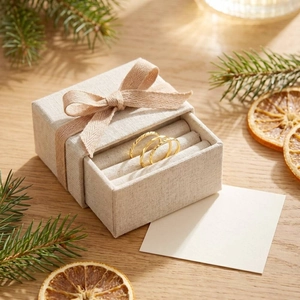 Golden geometric 1mm stackable rings presented in a beige linen drawer jewelry gift box