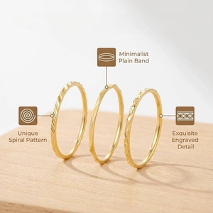 Detail of 1mm gold stainless steel rings with spiral, engraved and minimalist designs