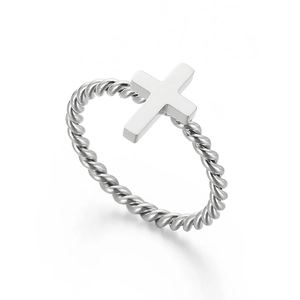 Bague élégante en acier inoxydable argenté avec anneau torsadé et croix polie pour femme