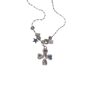 Elegant silver heart cross pendant necklace with colorful zircon stones and star charm
