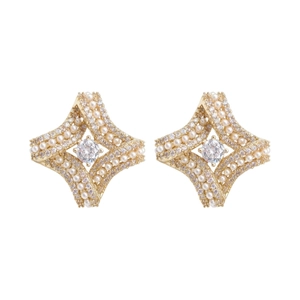 Eleganti orecchini a lobo a rombo intrecciato placcati oro 18K con perle e zirconi