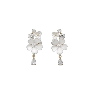 Elegant white flower stud earrings with sparkling CZ stones and teardrop crystal drops